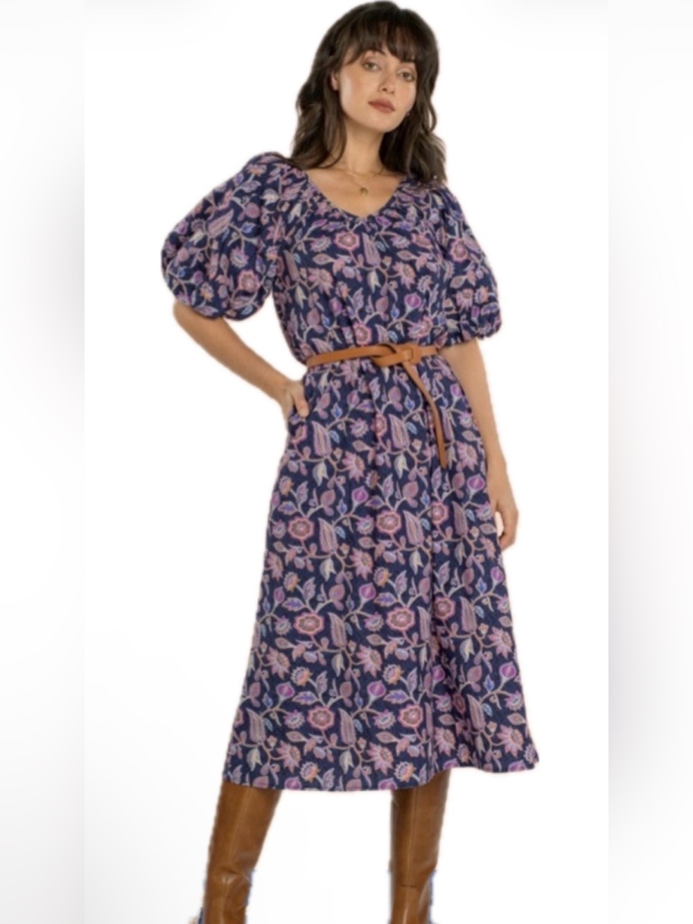 NWT Elizabeth James The Label Penny Midi Dress in Navy Cactus Flower Size XS